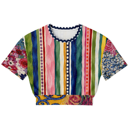 Bloom &amp; Brush Floral Stripe Eco-Poly Short Sleeve Cropped Pullover