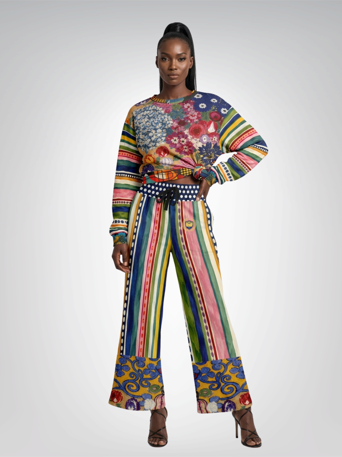 Bloom &amp; Brush Floral Stripe Eco-Poly Wide Leg Pants