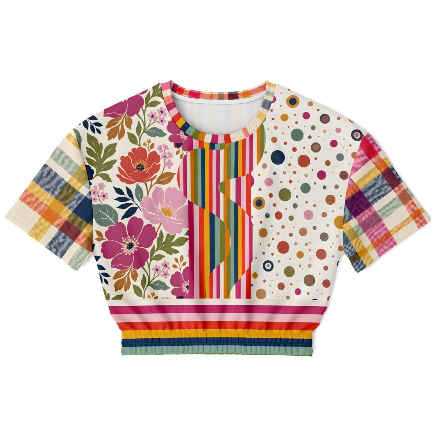 Bloom Baby Bloom in Pink Floral Dots Eco-Poly Short Sleeve Cropped Pullover