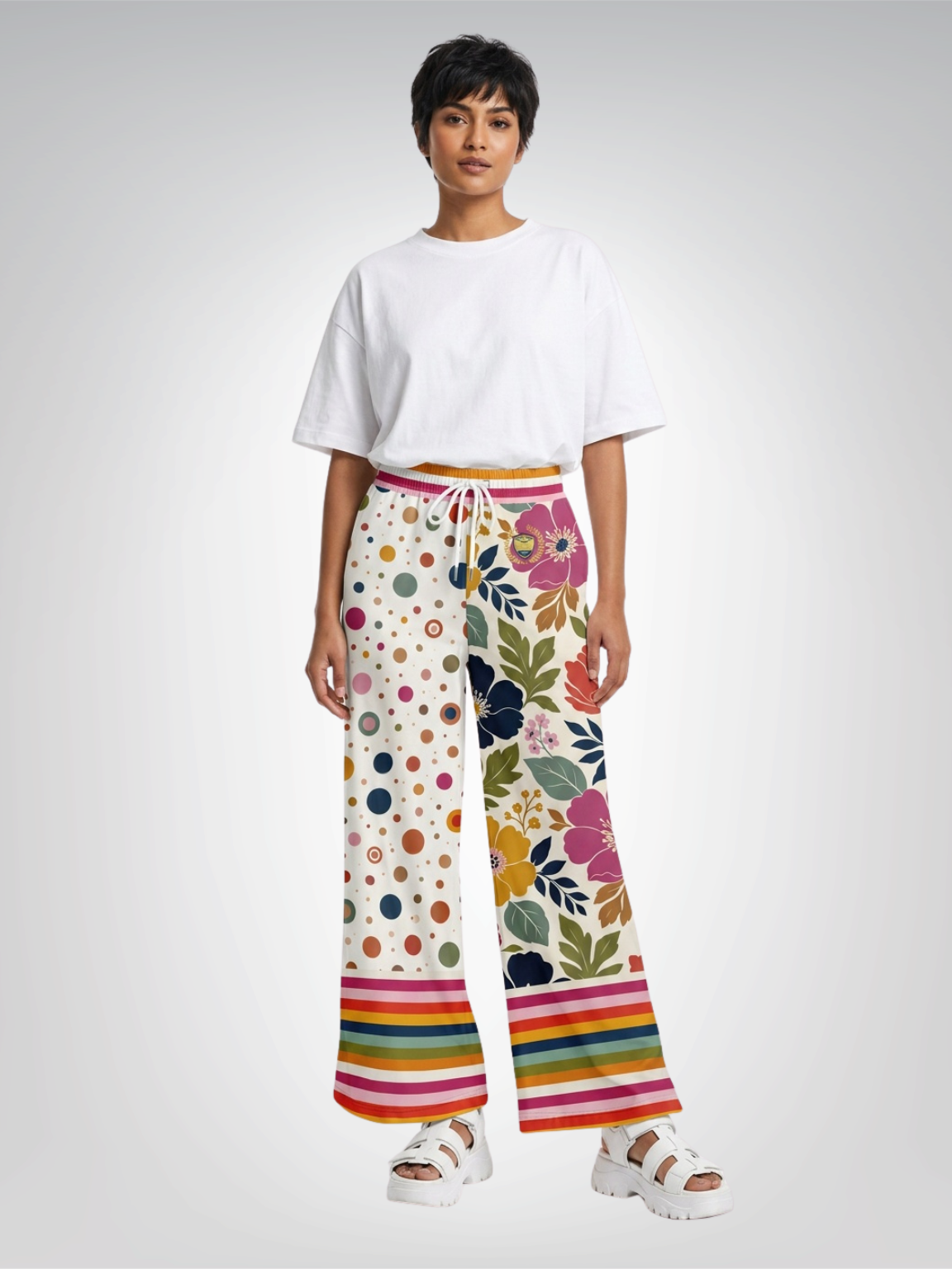 Bloom Baby Bloom in Pink Floral Dots Eco-Poly Wide Leg Pants