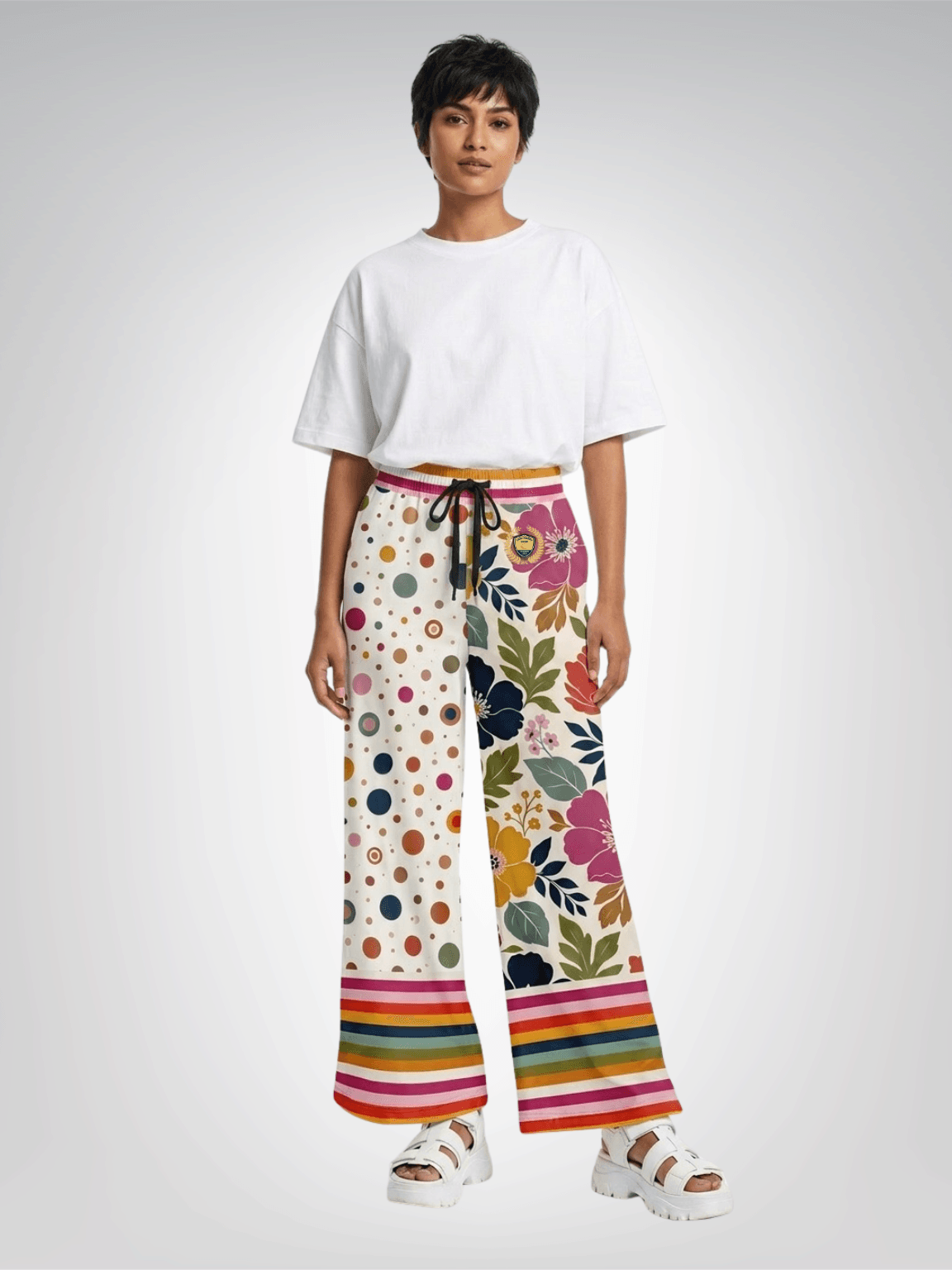 Bloom Baby Bloom in Pink Floral Dots Eco-Poly Wide Leg Pants