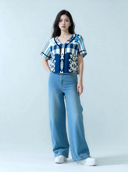 Blue Agadir Floral Stripe Cropped Button Front Jersey