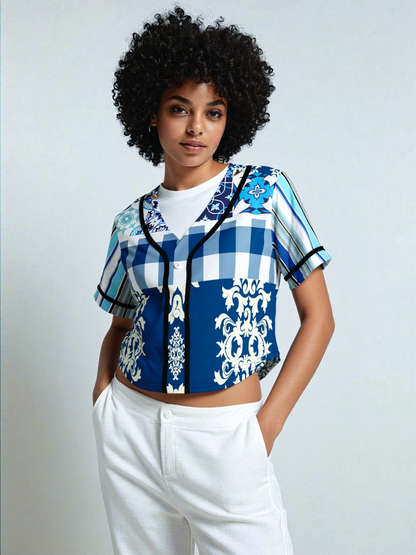 Blue Agadir Floral Stripe Cropped Button Front Jersey