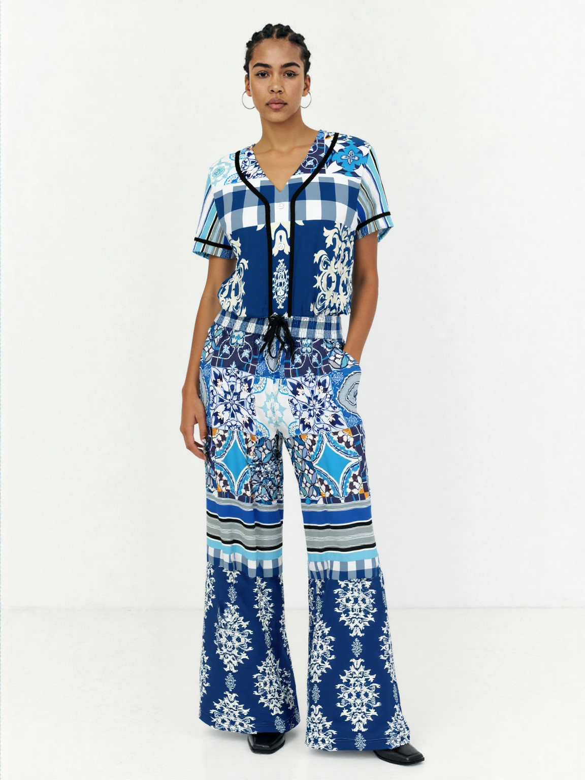 Blue Agadir Floral Stripe Cropped Button Front Jersey