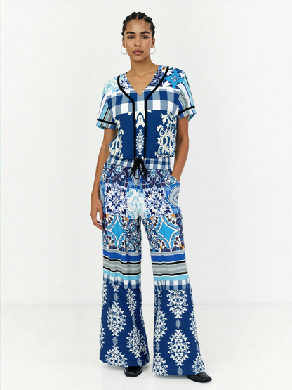 Blue Agadir Floral Stripe Cropped Button Front Jersey