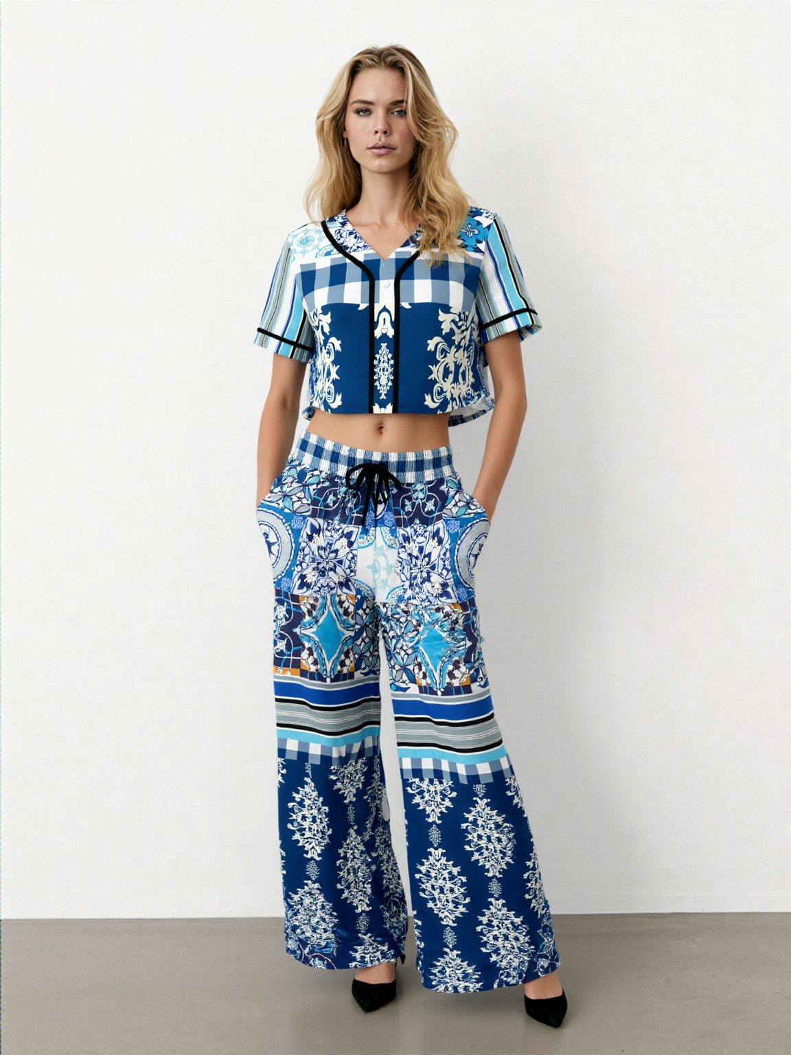 Blue Agadir Moroccan Tile Eco-Poly Wide Leg Pants