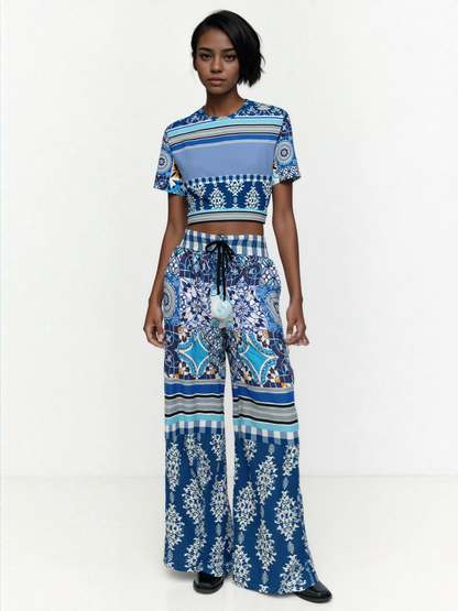 Blue Agadir Moroccan Tile Eco-Poly Short Sleeve Cropped Pullover