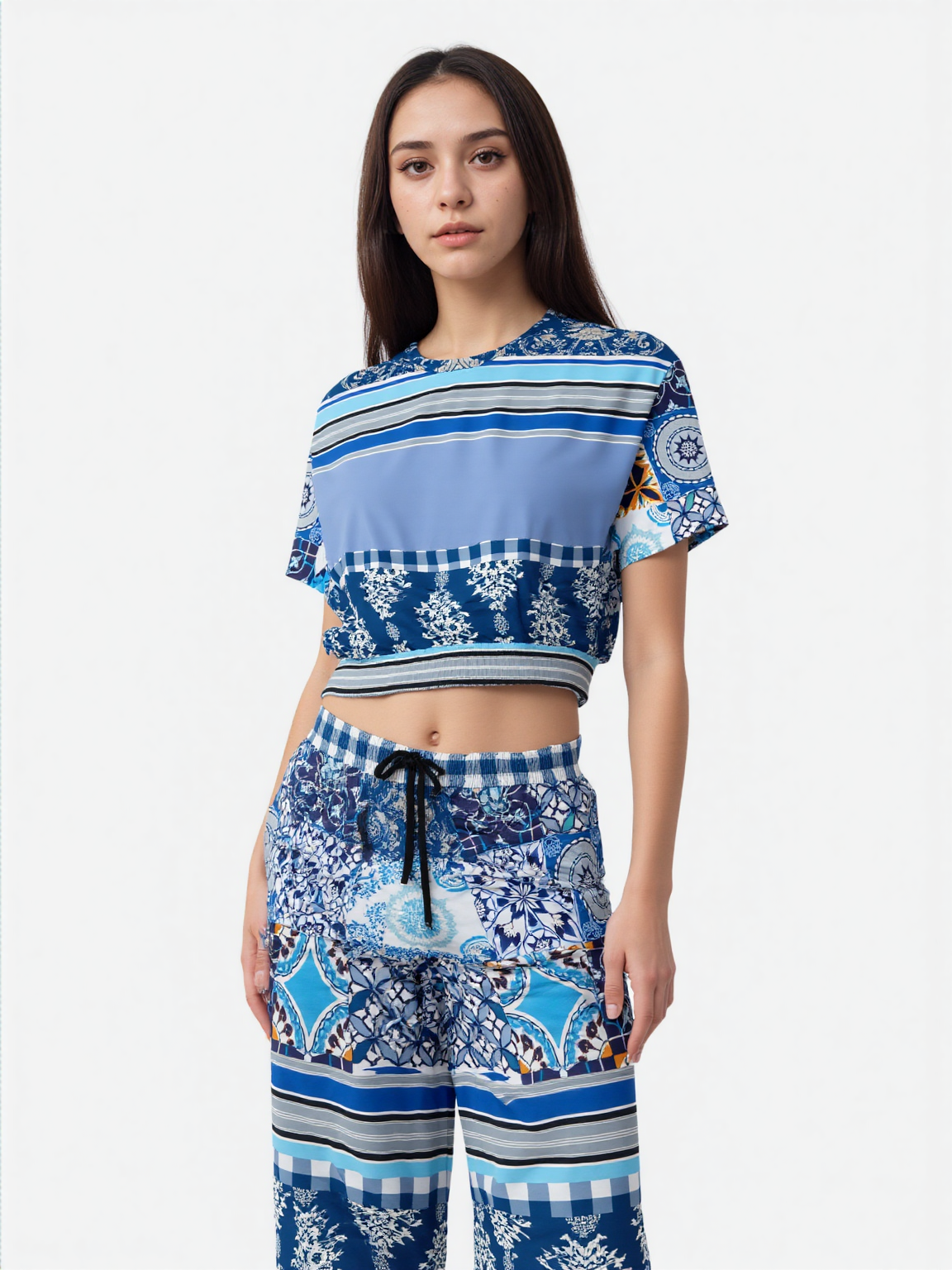 Blue Agadir Moroccan Tile Eco-Poly Short Sleeve Cropped Pullover