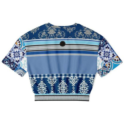 Blue Agadir Moroccan Tile Eco-Poly Short Sleeve Cropped Pullover