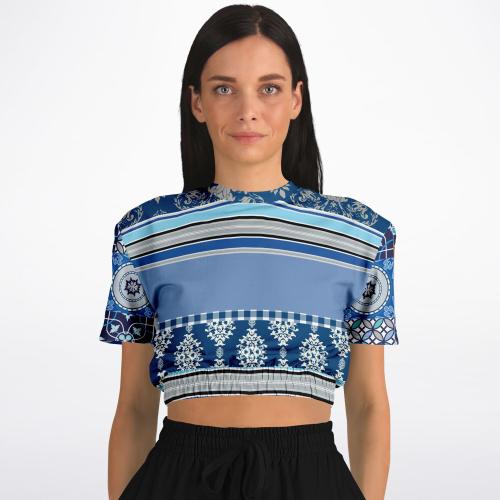 Blue Agadir Moroccan Tile Eco-Poly Short Sleeve Cropped Pullover