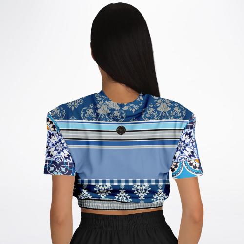 Blue Agadir Moroccan Tile Eco-Poly Short Sleeve Cropped Pullover
