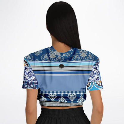 Blue Agadir Moroccan Tile Eco-Poly Short Sleeve Cropped Pullover