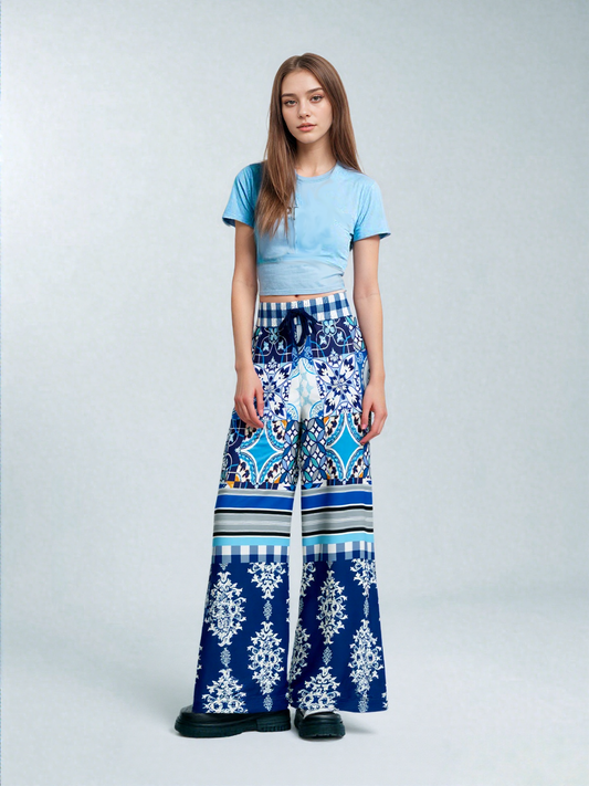 Blue Agadir Moroccan Tile Eco-Poly Wide Leg Pants