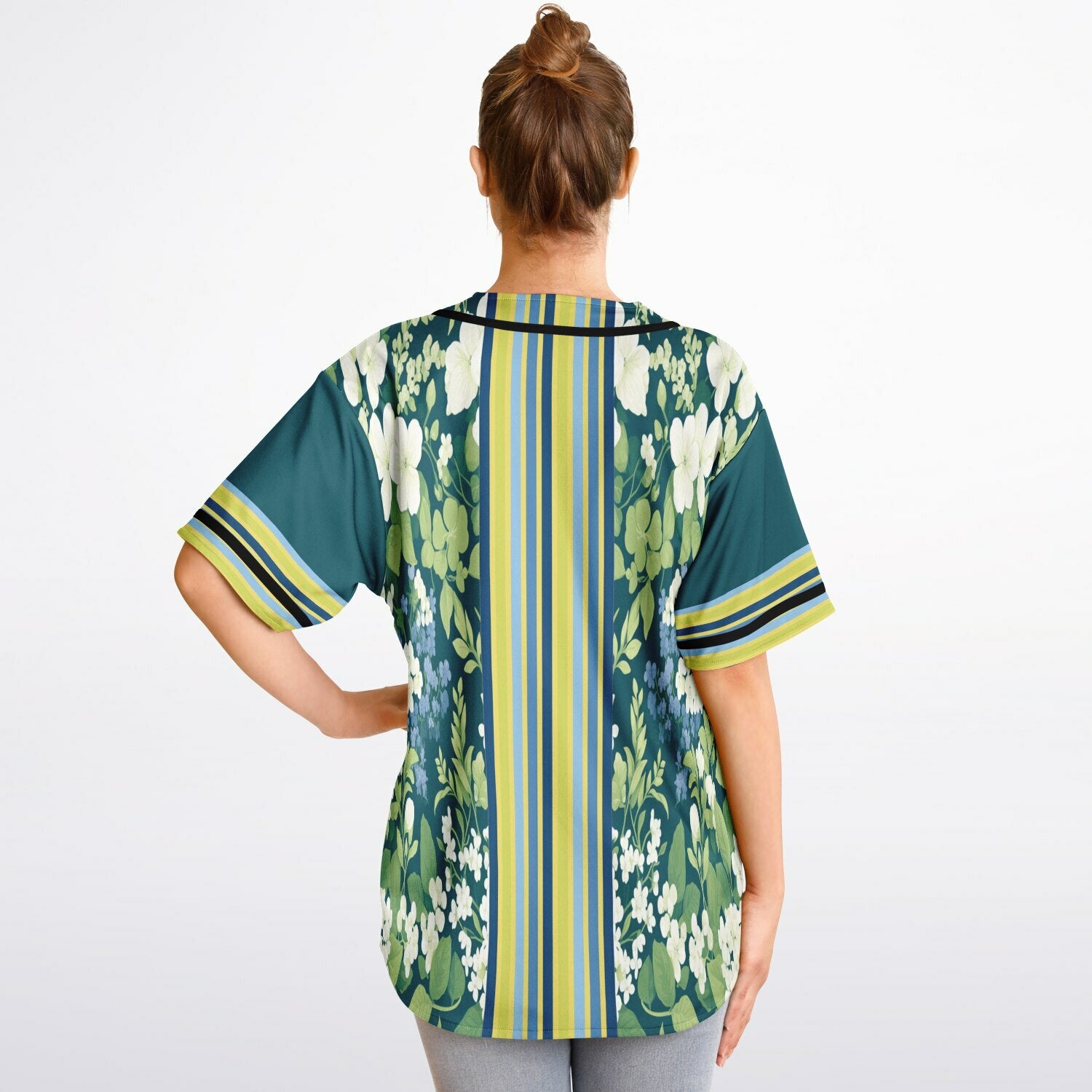 Blue Algae in Floral Stripes Reversible Eco-Poly Short Sleeve Reversible Baseball Jersey