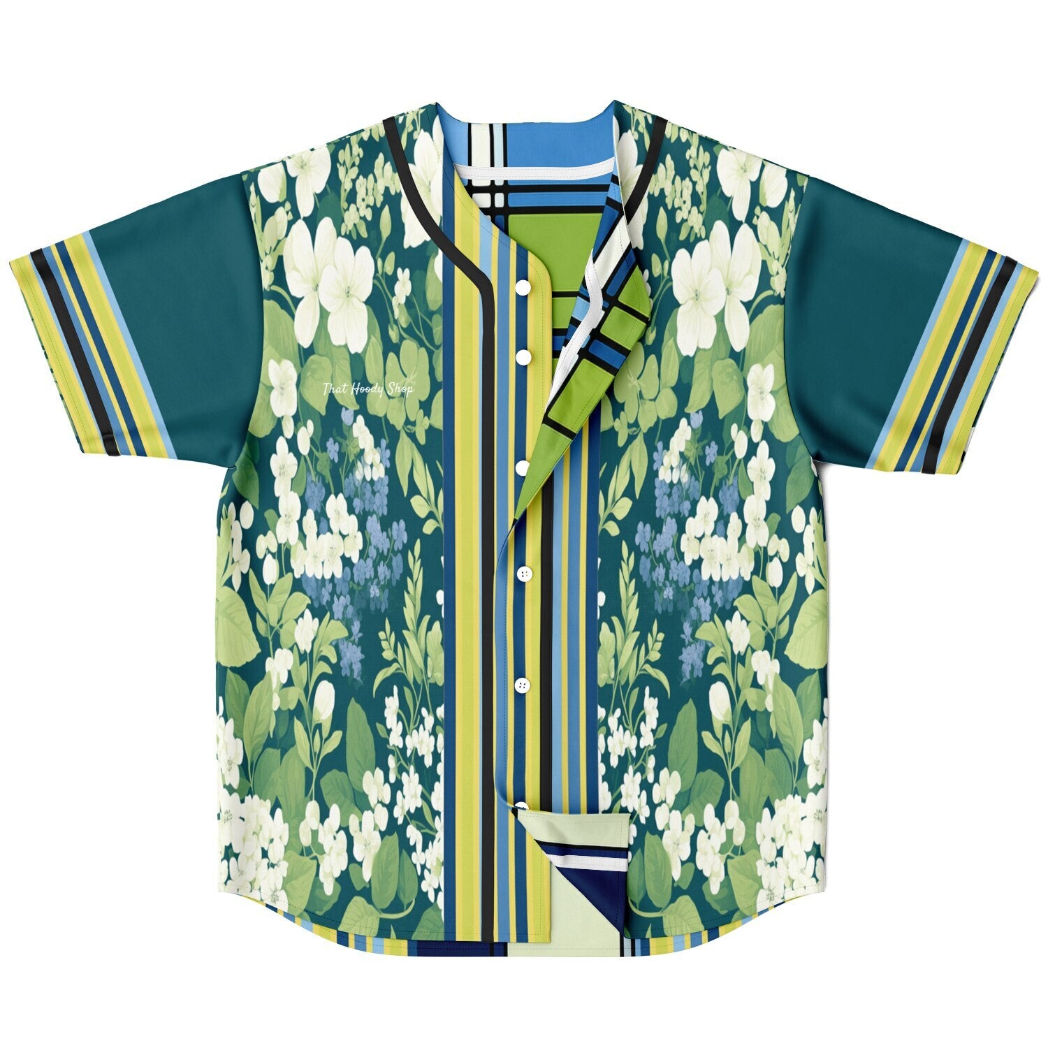 Blue Algae in Floral Stripes Reversible Eco-Poly Short Sleeve Reversible Baseball Jersey