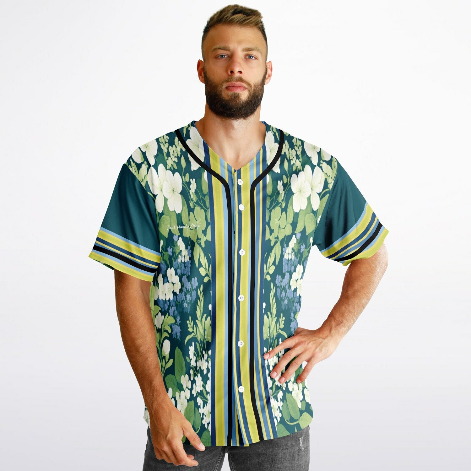 Blue Algae in Floral Stripes Reversible Eco-Poly Short Sleeve Reversible Baseball Jersey