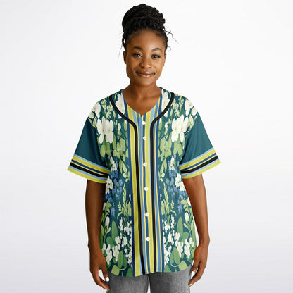 Blue Algae in Floral Stripes Reversible Eco-Poly Short Sleeve Reversible Baseball Jersey