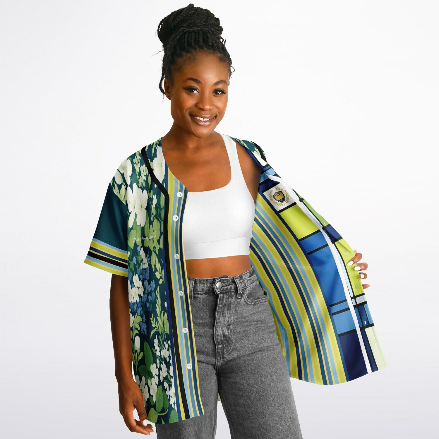 Blue Algae in Floral Stripes Reversible Eco-Poly Short Sleeve Reversible Baseball Jersey