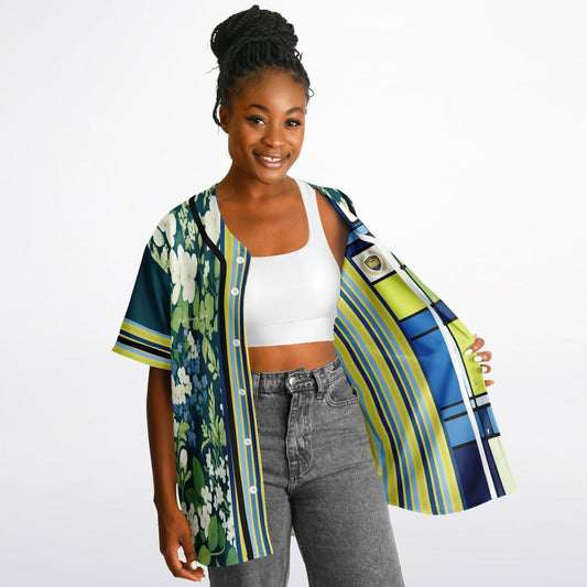 Blue Algae in Floral Stripes Reversible Eco-Poly Short Sleeve Reversible Baseball Jersey