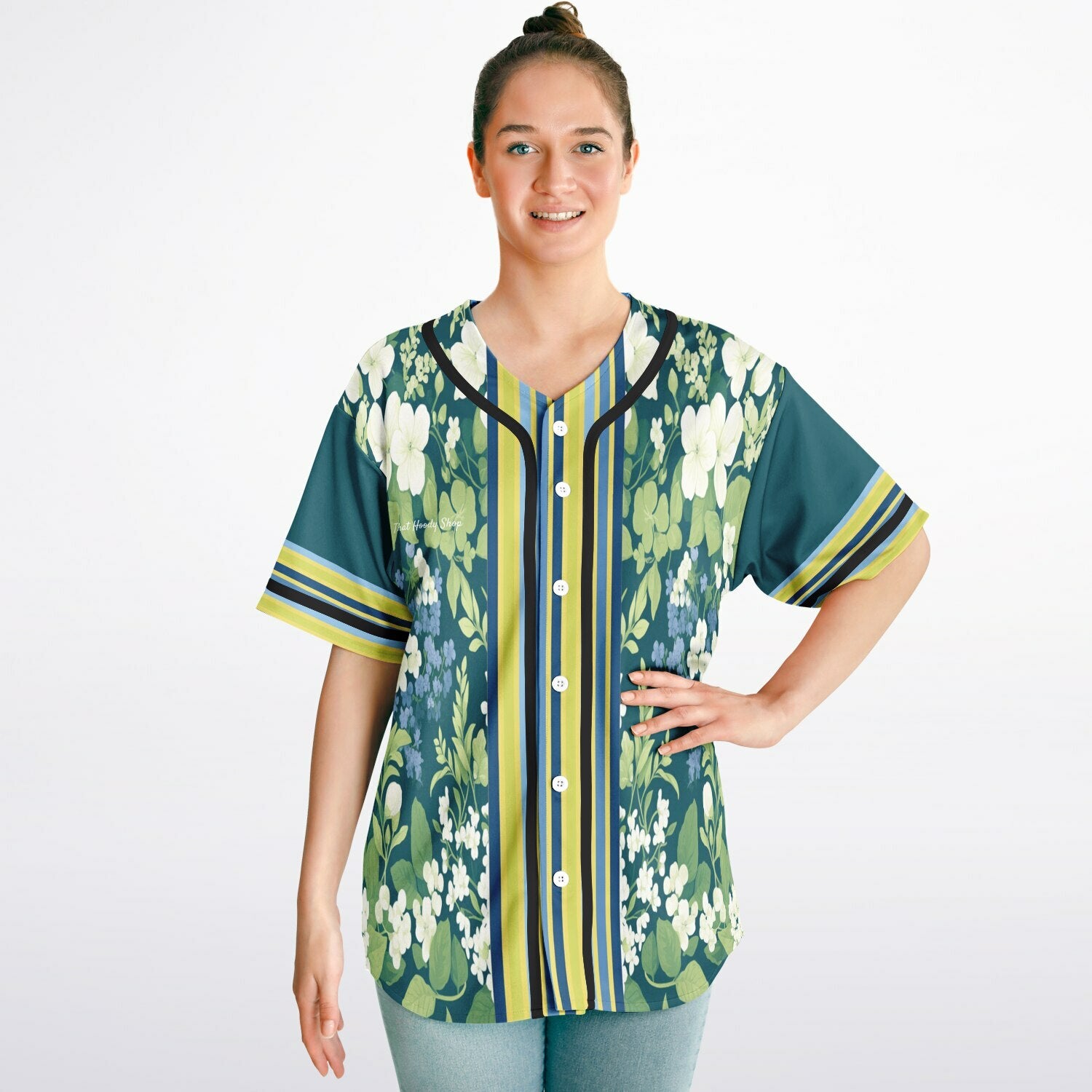 Blue Algae in Floral Stripes Reversible Eco-Poly Short Sleeve Reversible Baseball Jersey