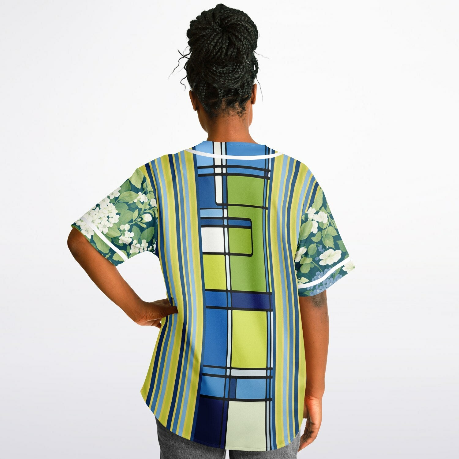 Blue Algae in Floral Stripes Reversible Eco-Poly Short Sleeve Reversible Baseball Jersey