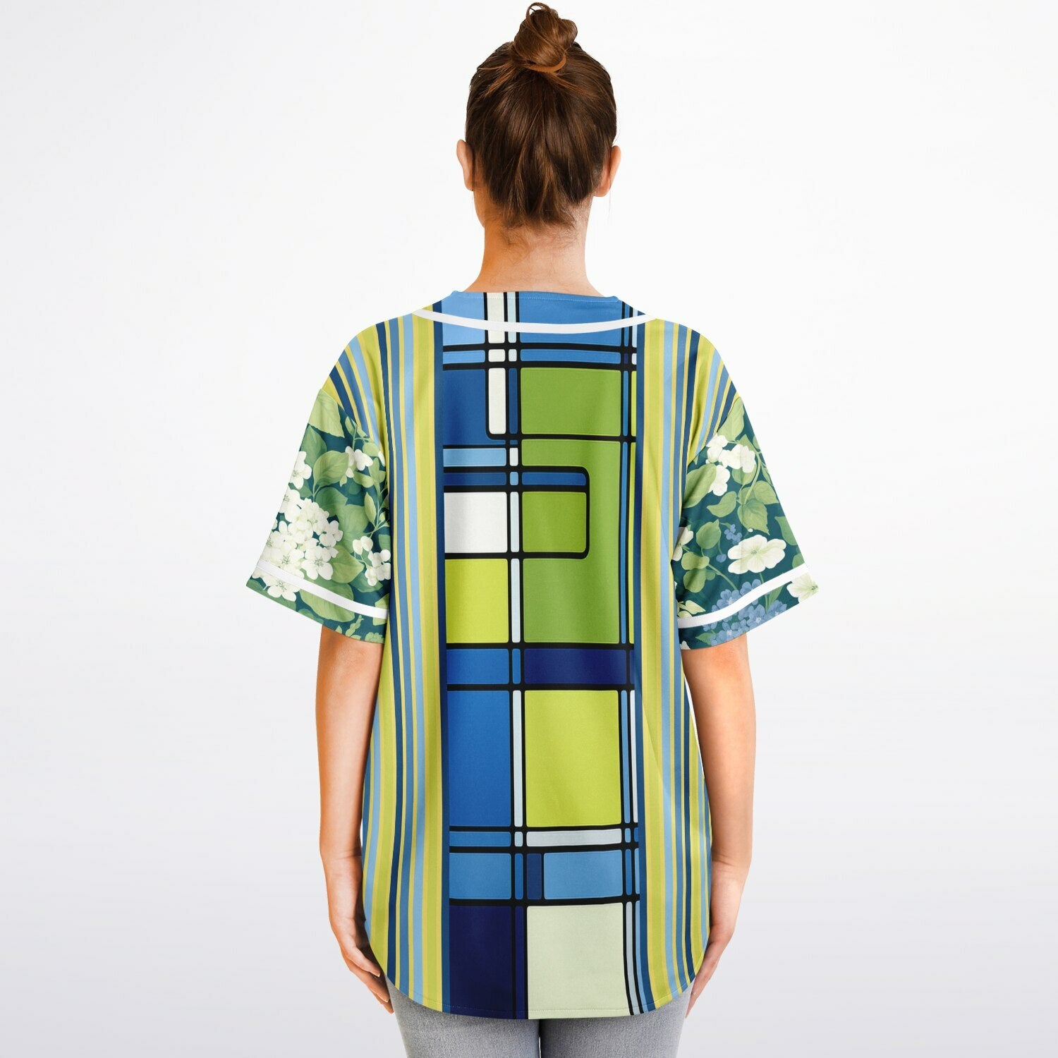 Blue Algae in Floral Stripes Reversible Eco-Poly Short Sleeve Reversible Baseball Jersey