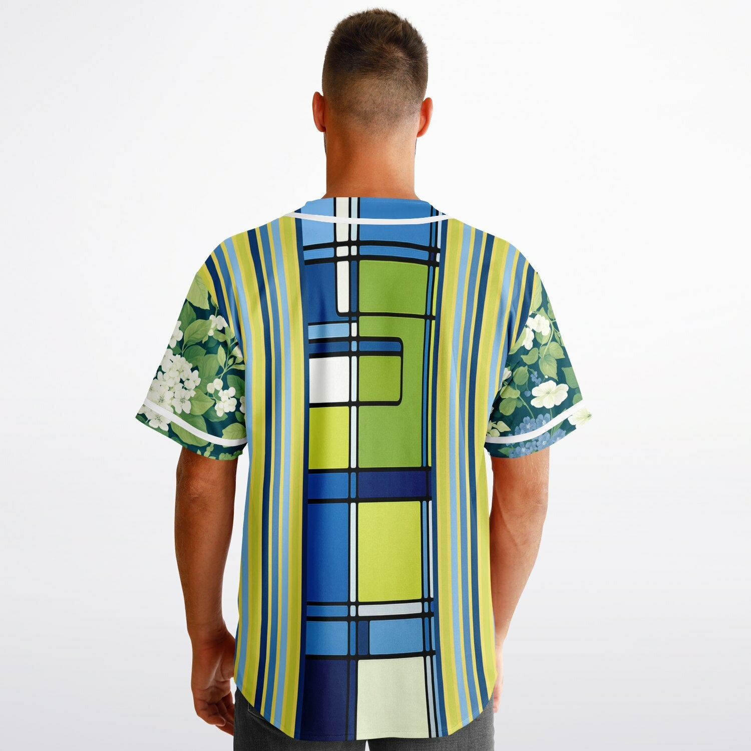 Blue Algae in Floral Stripes Reversible Eco-Poly Short Sleeve Reversible Baseball Jersey