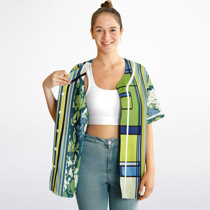 Blue Algae in Floral Stripes Reversible Eco-Poly Short Sleeve Reversible Baseball Jersey