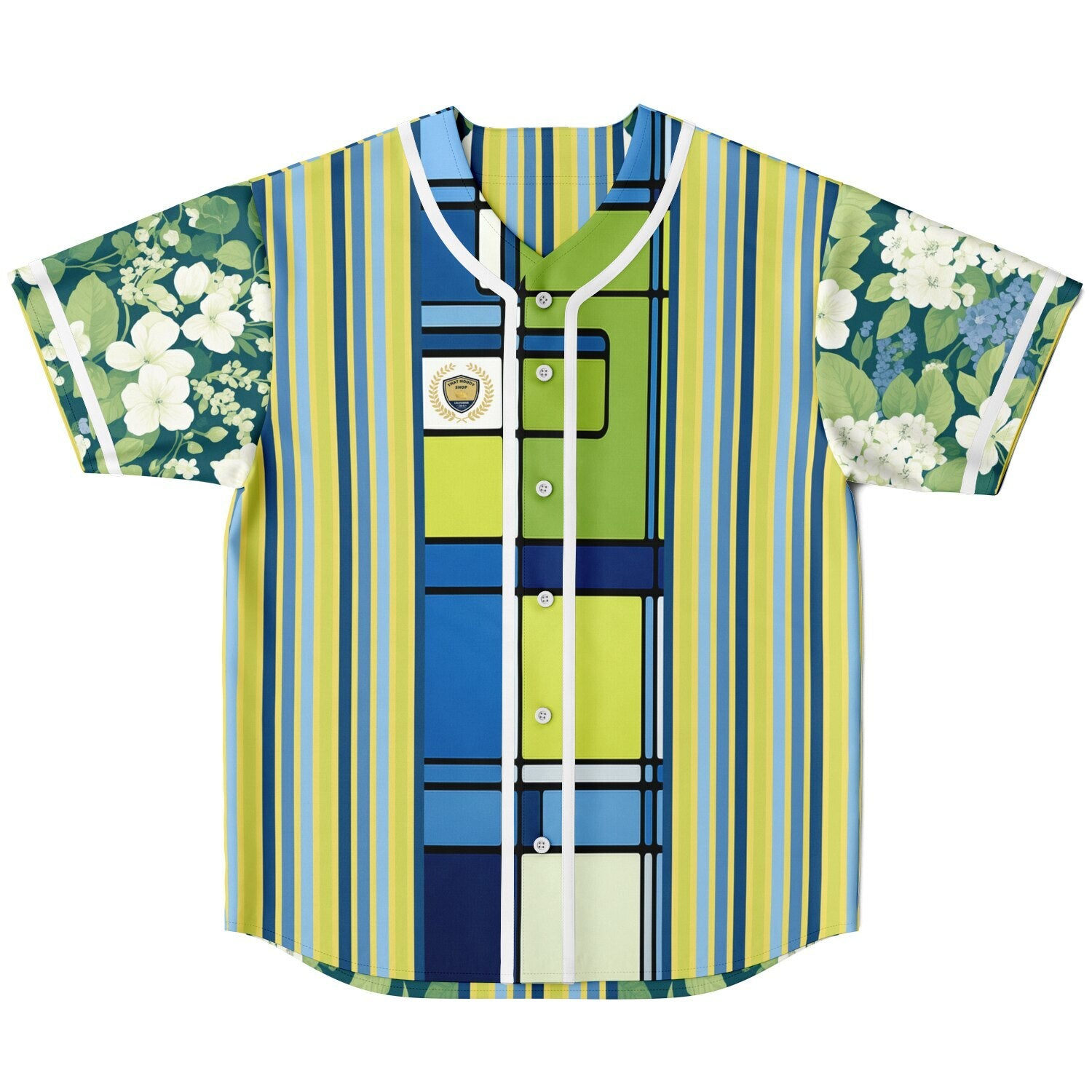 Blue Algae in Floral Stripes Reversible Eco-Poly Short Sleeve Reversible Baseball Jersey