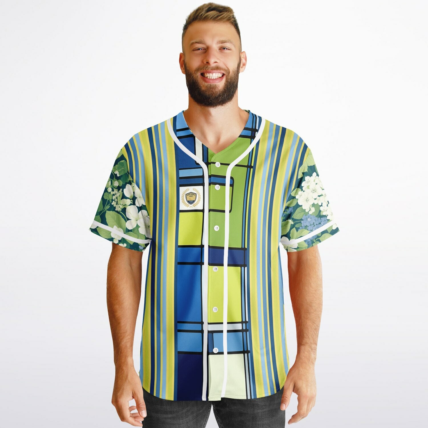 Blue Algae in Floral Stripes Reversible Eco-Poly Short Sleeve Reversible Baseball Jersey