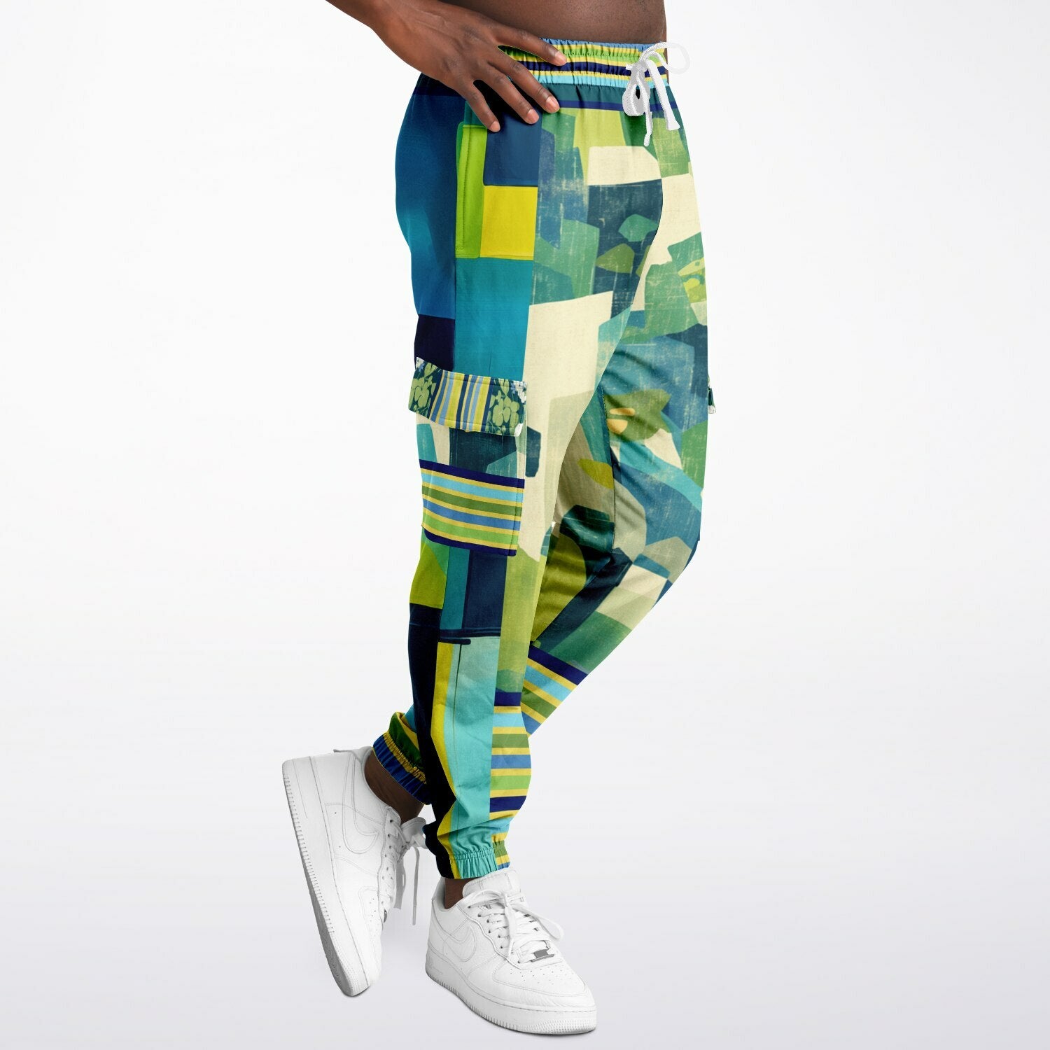 Blue Algae in Colorblock Stripes Eco-Poly Unisex Cargo Joggers