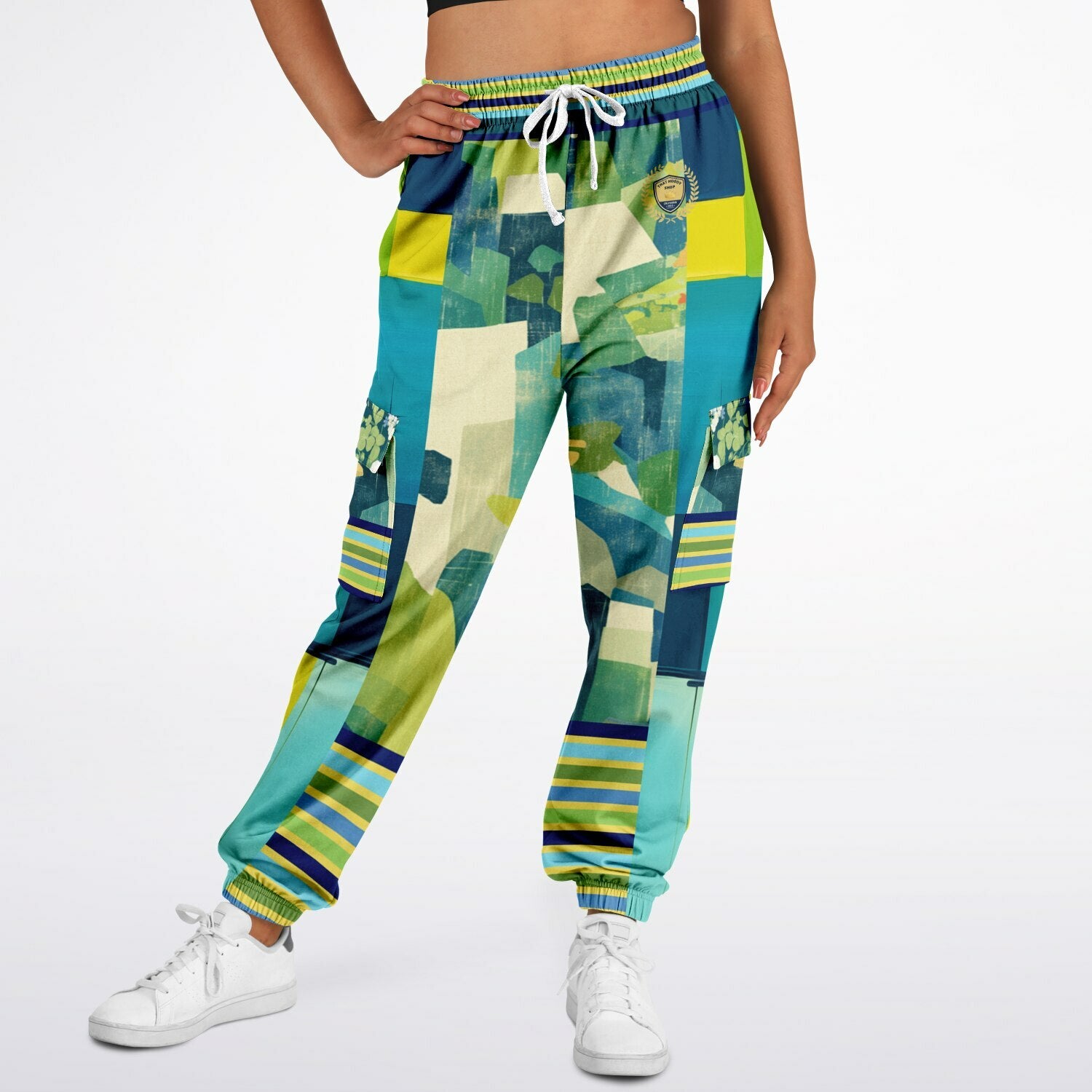 Blue Algae in Colorblock Stripes Eco-Poly Unisex Cargo Joggers