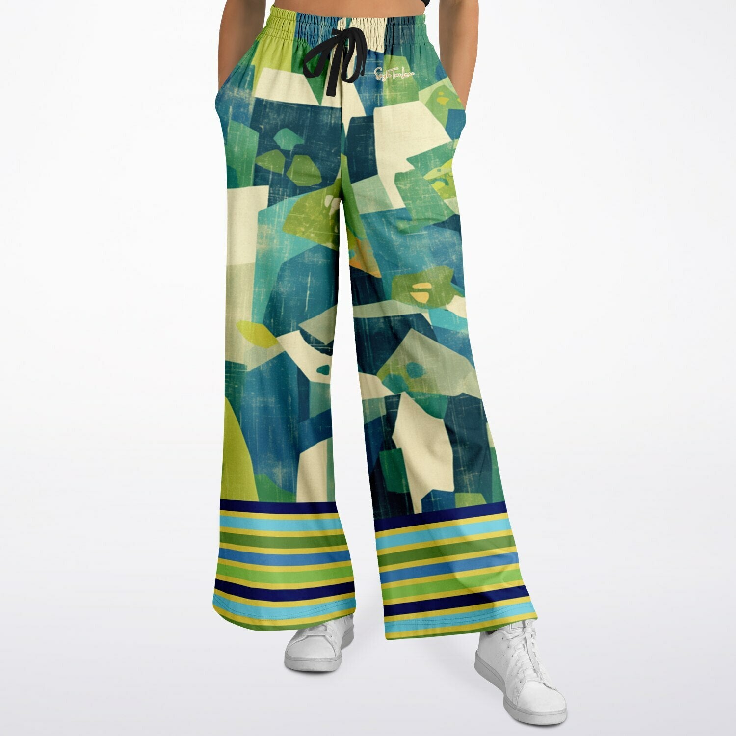 Blue Algae in Abstract Blocks and Stripes Eco-Poly Wide Leg Pants