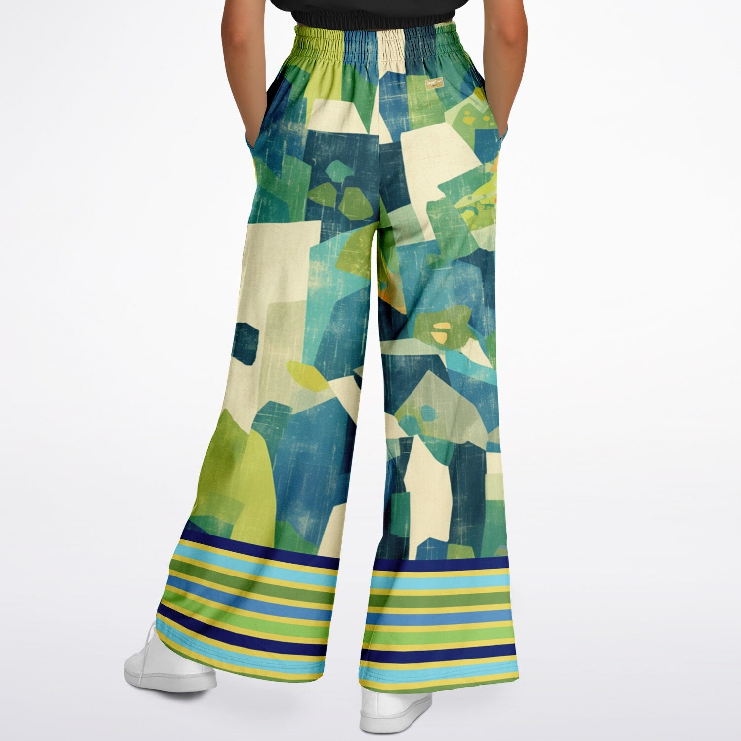 Blue Algae in Abstract Blocks and Stripes Eco-Poly Wide Leg Pants