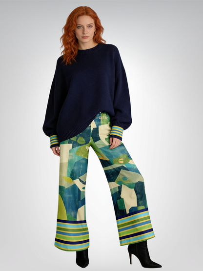 Blue Algae in Abstract Blocks and Stripes Eco-Poly Wide Leg Pants
