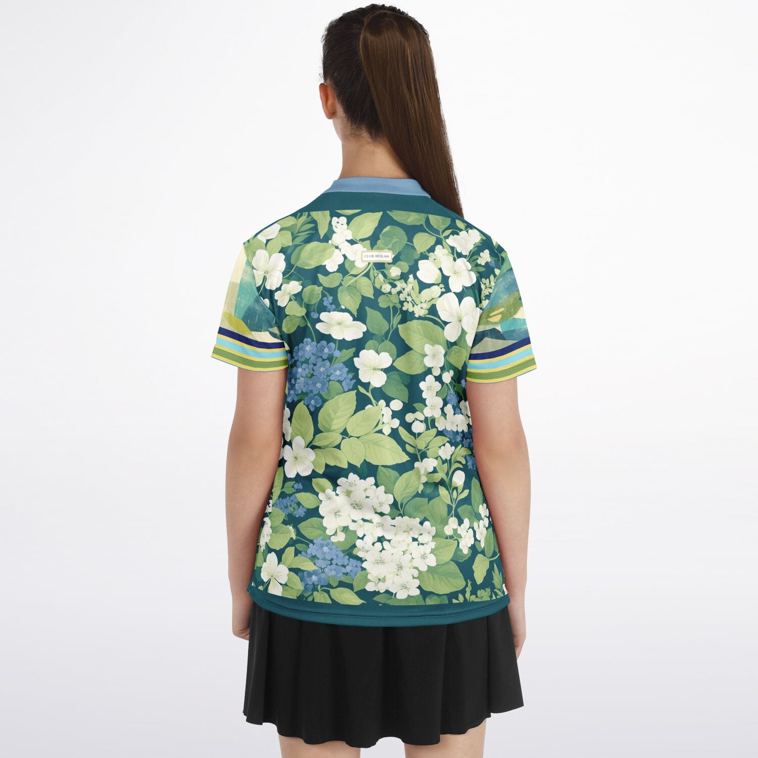 Blue Algae in Floral Stripes Mandarin Collar Ladies Polo Golf Shirt