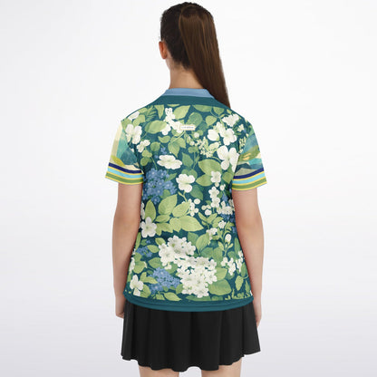 Blue Algae in Floral Stripes Mandarin Collar Ladies Polo Golf Shirt