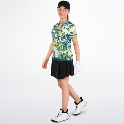 Blue Algae in Floral Stripes Mandarin Collar Ladies Polo Golf Shirt