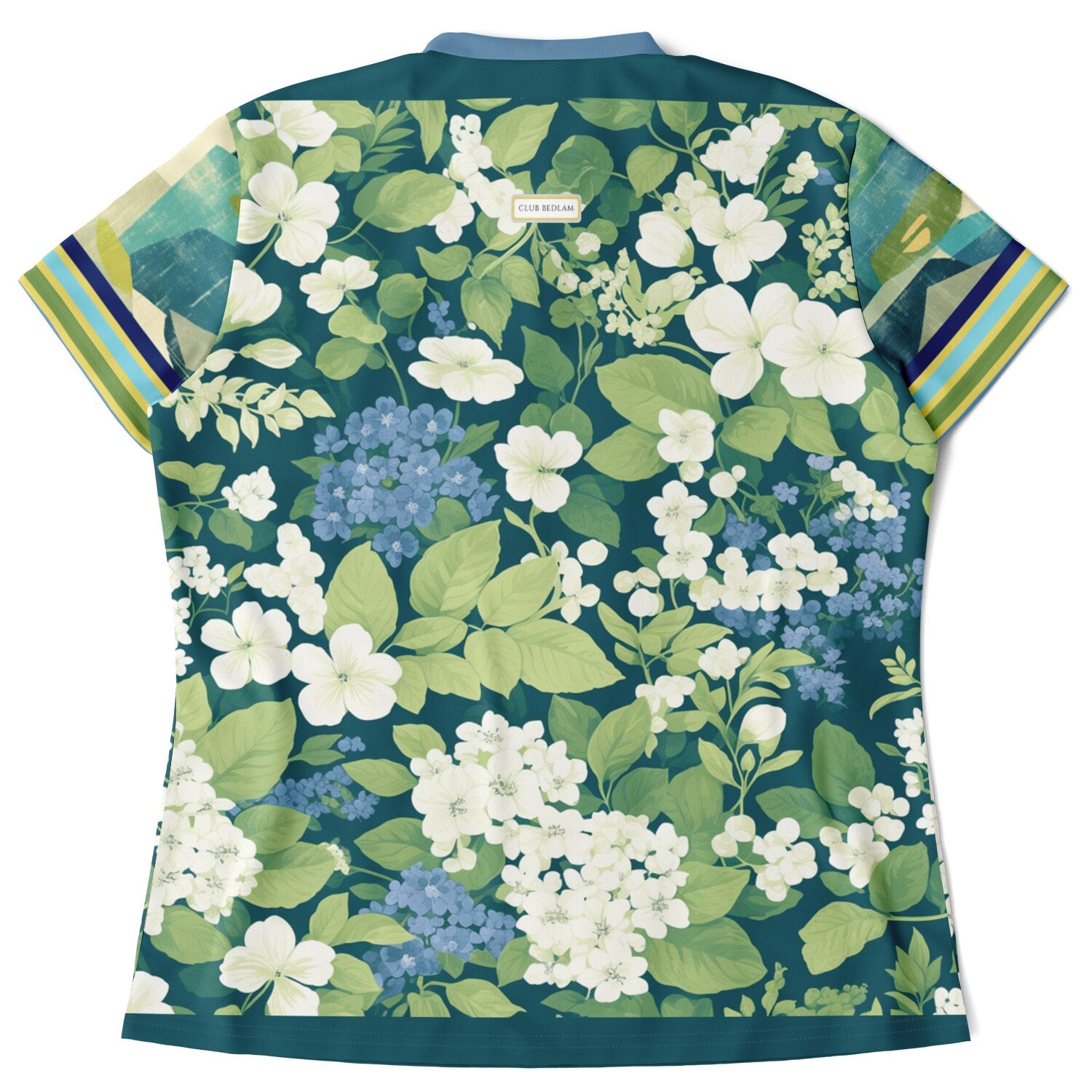 Blue Algae in Floral Stripes Mandarin Collar Ladies Polo Golf Shirt