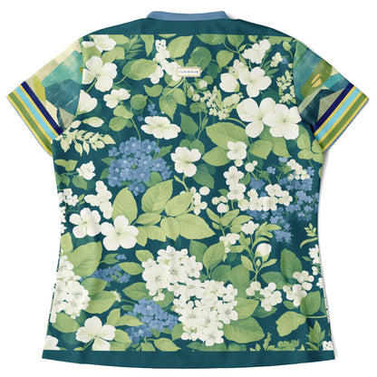 Blue Algae in Floral Stripes Mandarin Collar Ladies Polo Golf Shirt