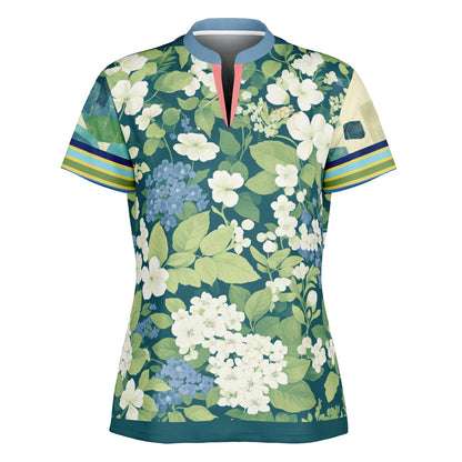 Blue Algae in Floral Stripes Mandarin Collar Ladies Polo Golf Shirt