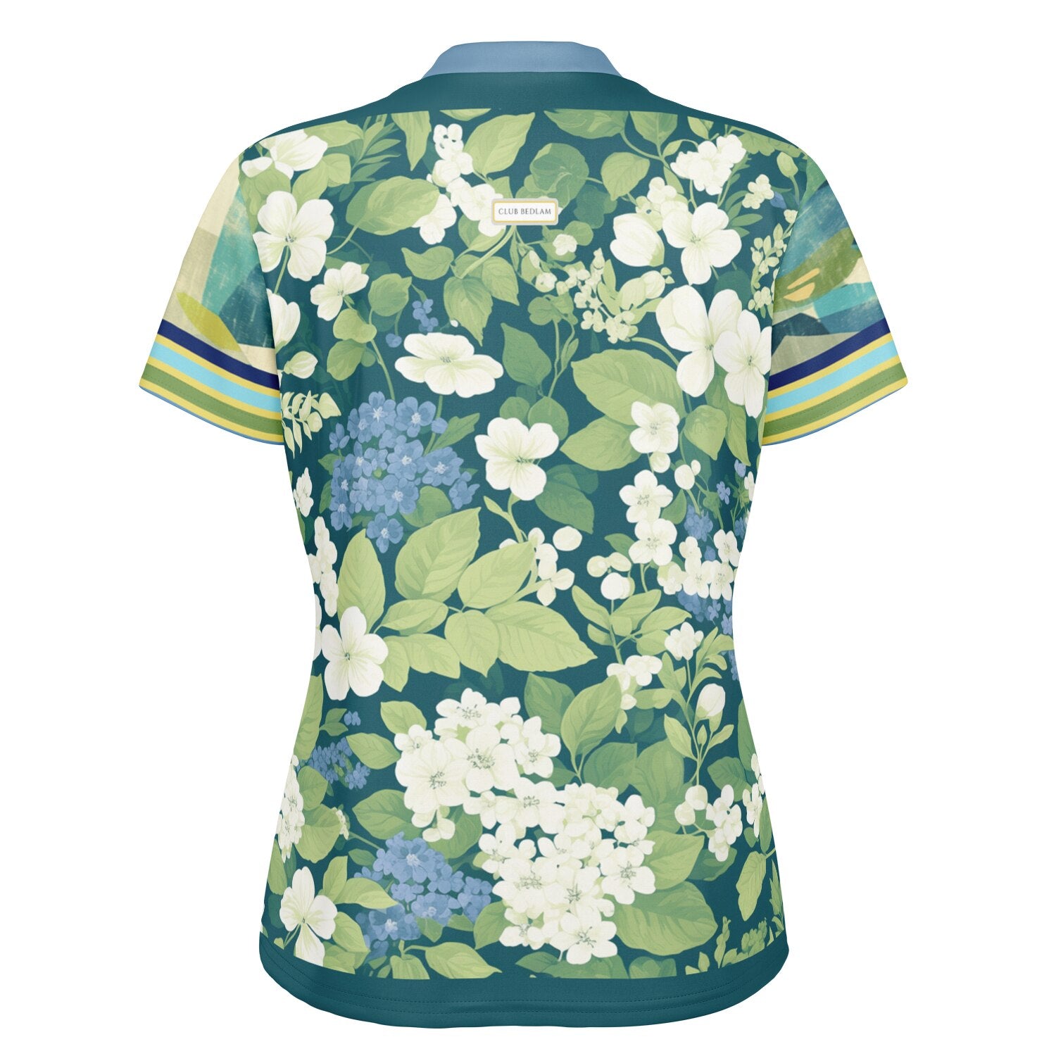 Blue Algae in Floral Stripes Mandarin Collar Ladies Polo Golf Shirt
