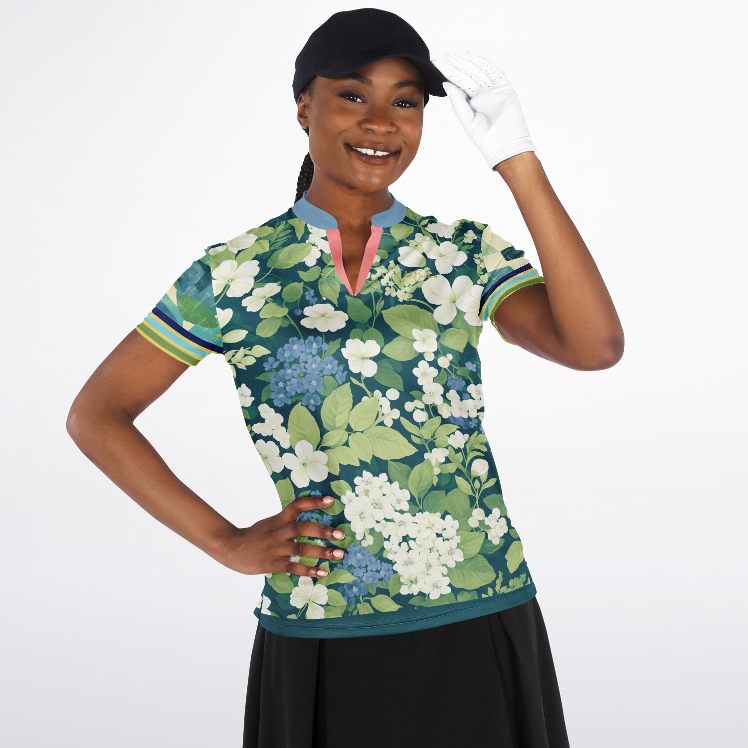 Blue Algae in Floral Stripes Mandarin Collar Ladies Polo Golf Shirt