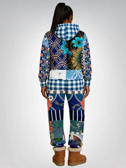 Blue Andalusian Patchwork Unisex Fleece Romper