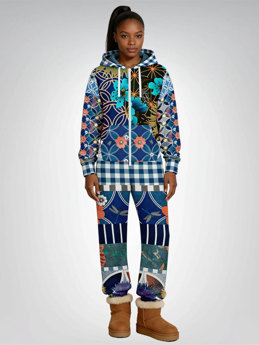 Blue Andalusian Patchwork Unisex Fleece Romper
