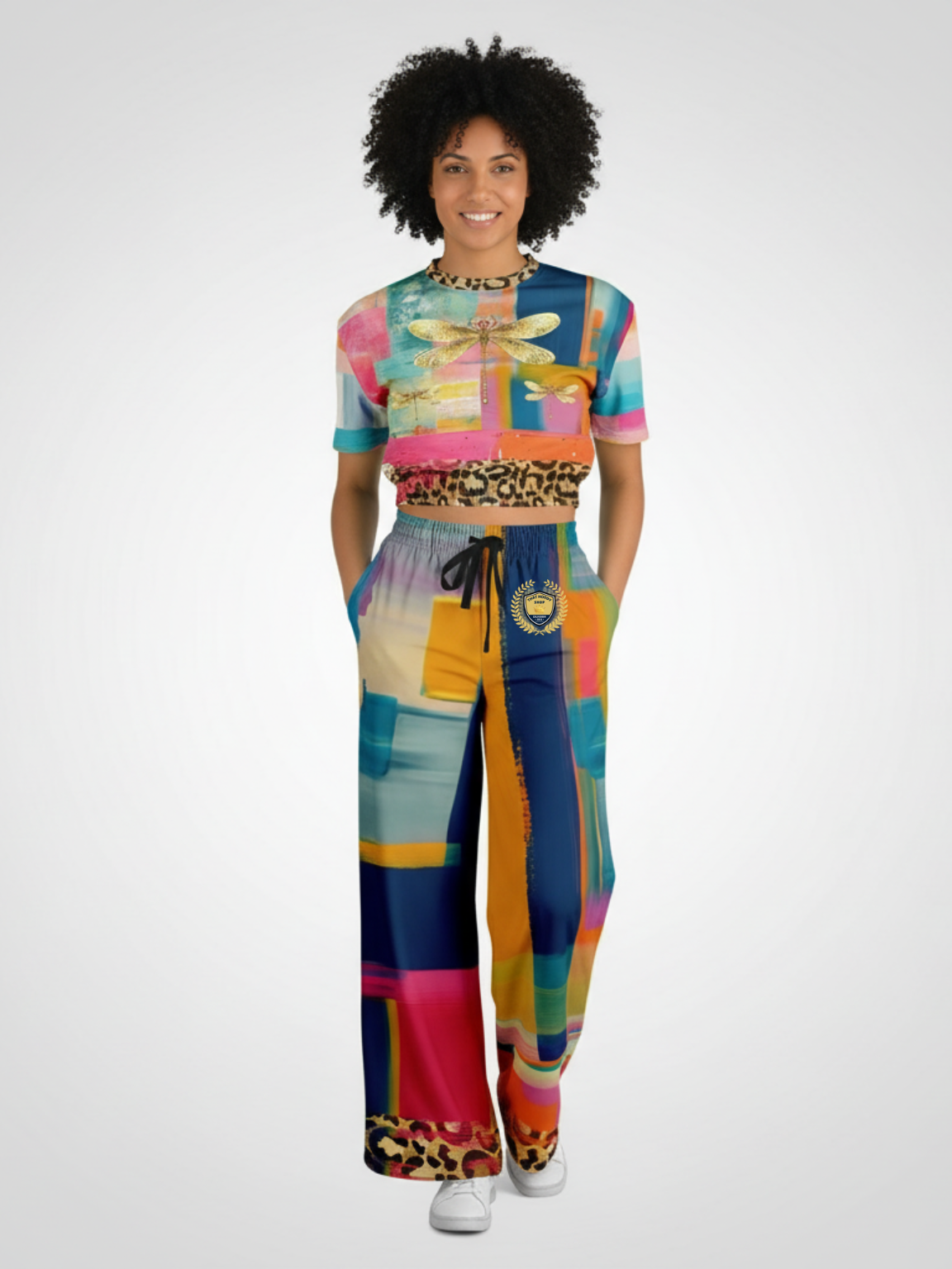 Blue Dragonfly Abstract Colorblock Leopard Patchwork Eco-Poly Wide Leg Pants