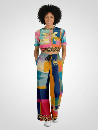 Blue Dragonfly Abstract Colorblock Leopard Patchwork Eco-Poly Wide Leg Pants