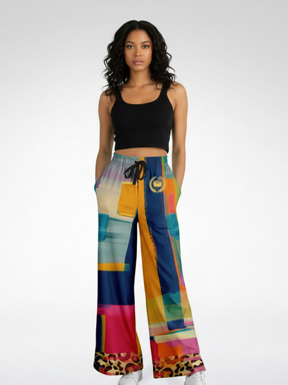 Blue Dragonfly Abstract Colorblock Leopard Patchwork Eco-Poly Wide Leg Pants