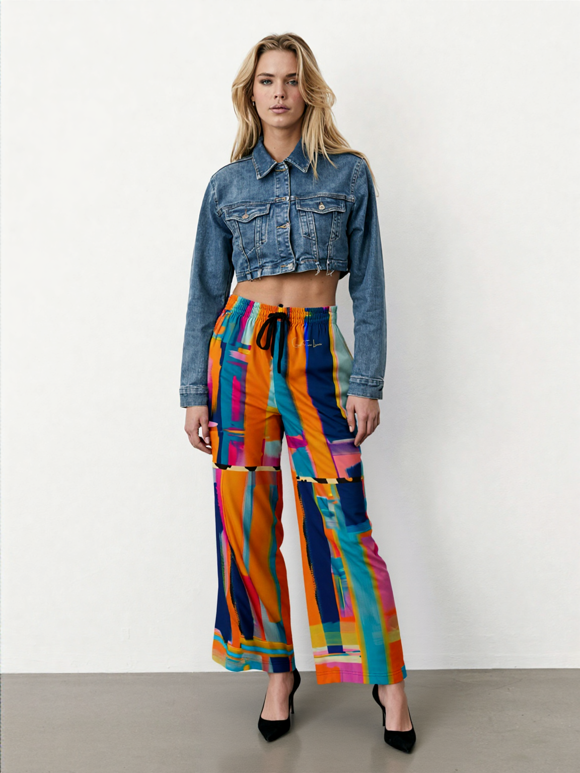 Blue Dragonfly Abstract Colorblock Patchwork Eco-Poly Wide Leg Pants