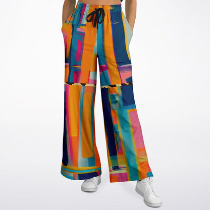 Blue Dragonfly Abstract Colorblock Patchwork Eco-Poly Wide Leg Pants